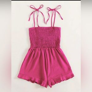 SHEIN Hot Pink Smocked Tie-Strap Ruffle Hem Cami Romper